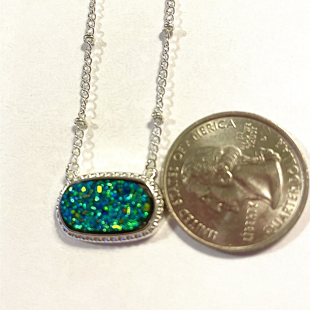Iridescent Blue & Green Druzy Silver Pend Necklace - Picture 2 of 2